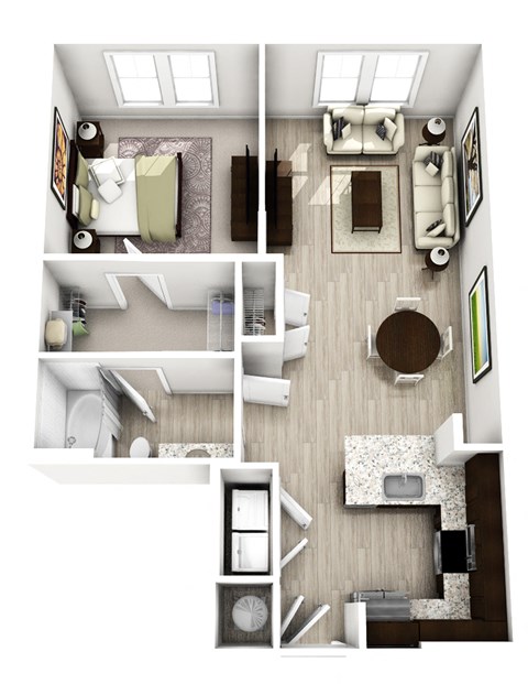 a 3d drawing of the living room of a 2100 sq ft apartment